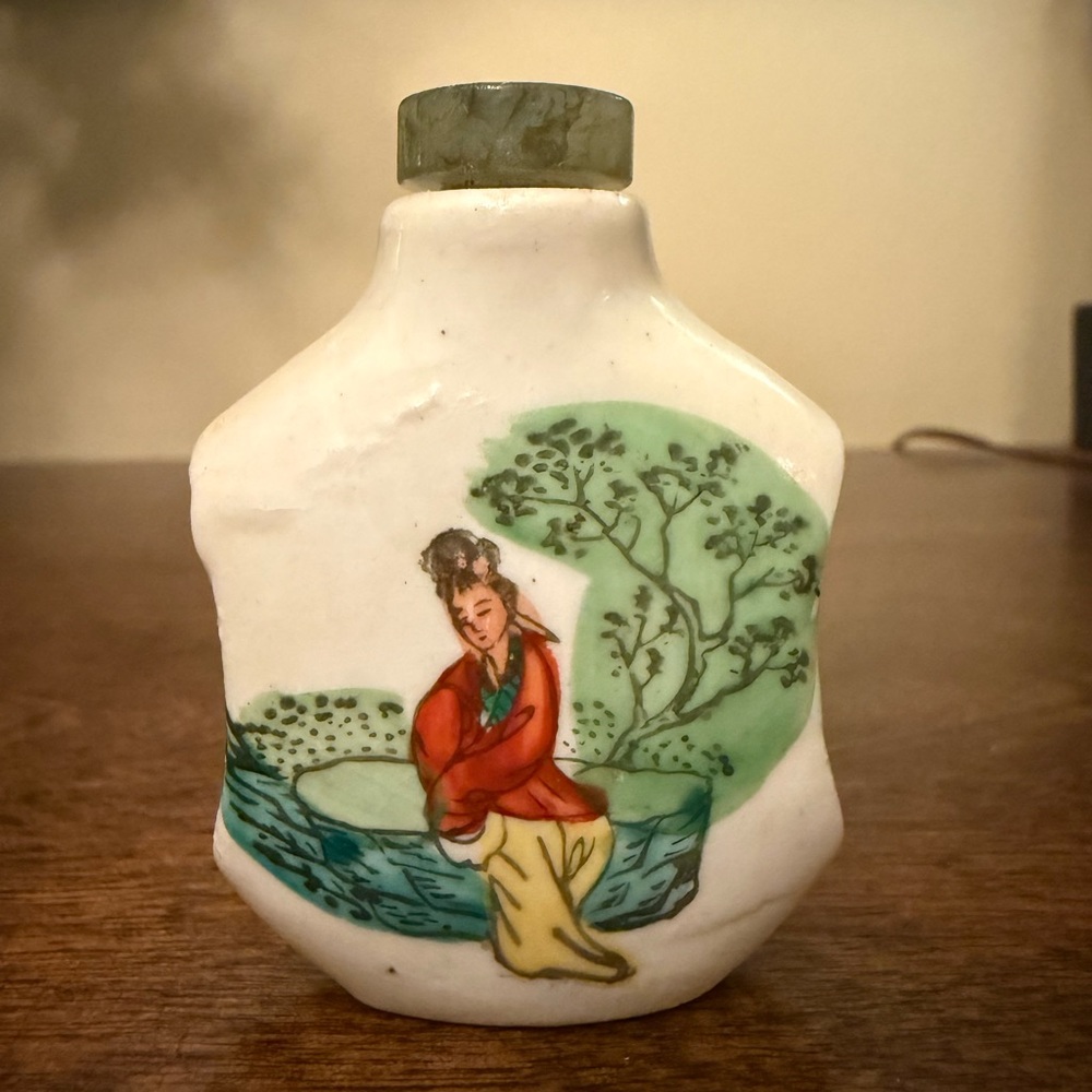 Vintage Porcelain Snuff Bottle with Hand-Painted Scene and Jade Stopper